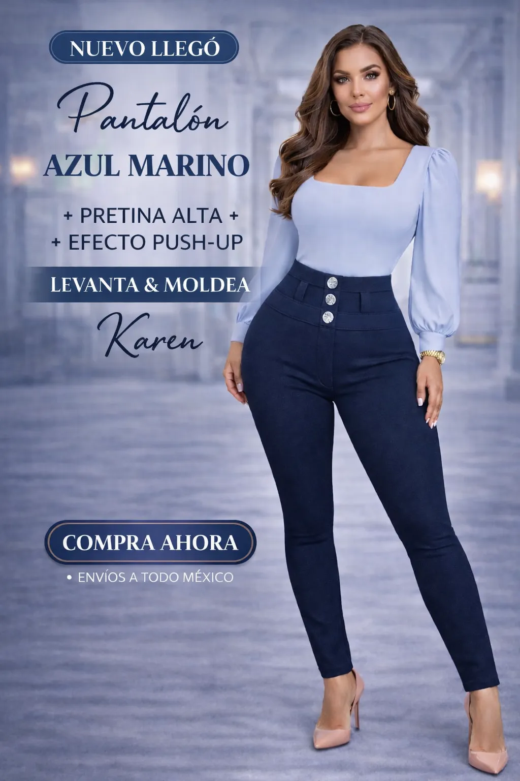 Pantalón Karen Pretina Alta 3 Botones Azul Marino