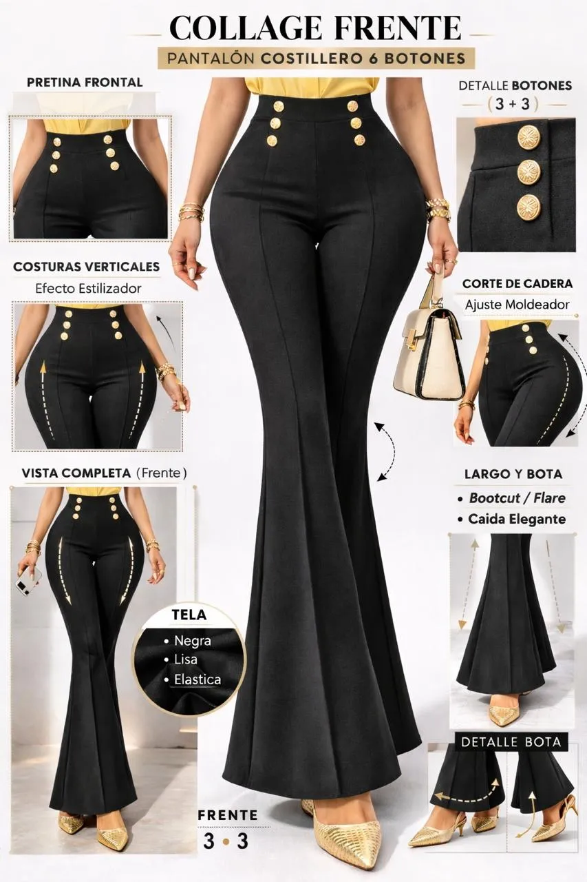 Pantalón Milena Costillero Push Up Pretina Alta 6 Botones Negro