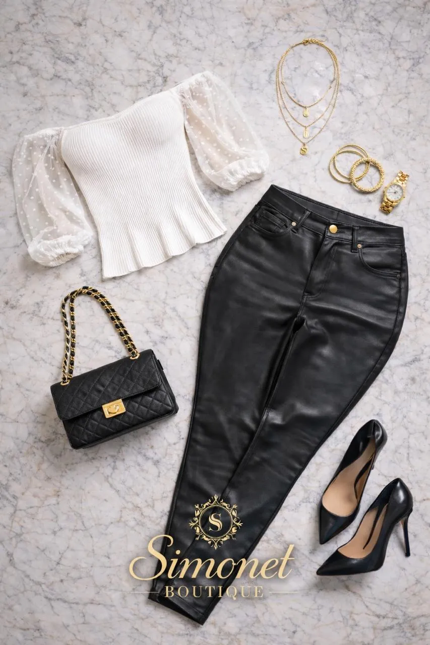 👉 Pantalón Negro Efecto Piel Cintura Alta Skinny Mujer Ajustado Vanesa