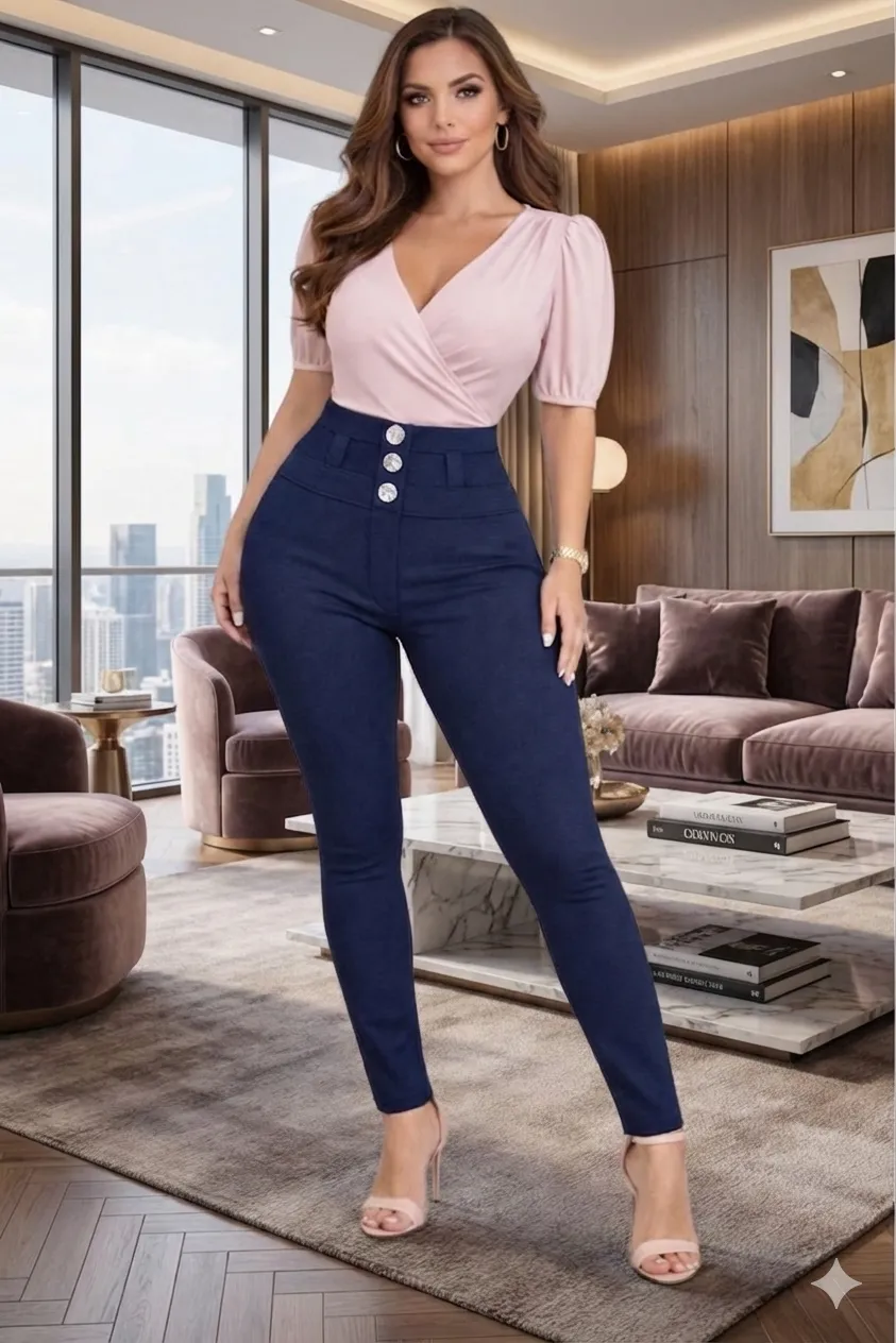 Pantalón Karen Pretina Alta 3 Botones Azul Marino