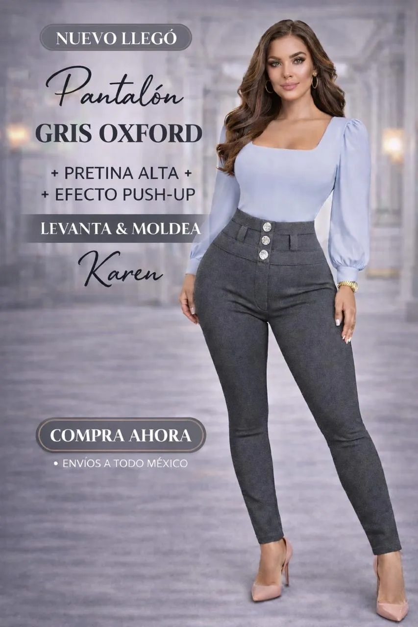 Pantalón Karen Pretina Alta 3 Botones Gris Oxford