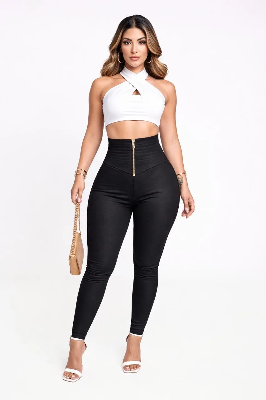 Pantalón Costillero Push Up Moldeador Cierre Frontal Pretina Alta Negro Curvy